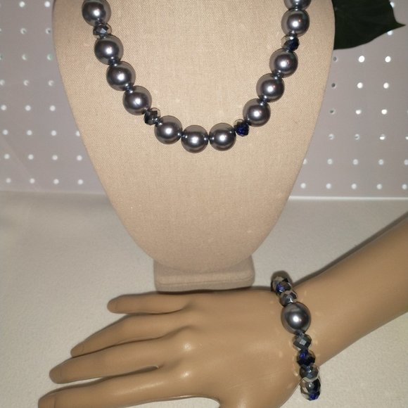 Gray Beaded Necklace Bracelet Set/Statement Necklace/Large bead Necklace - Picture 2 of 5